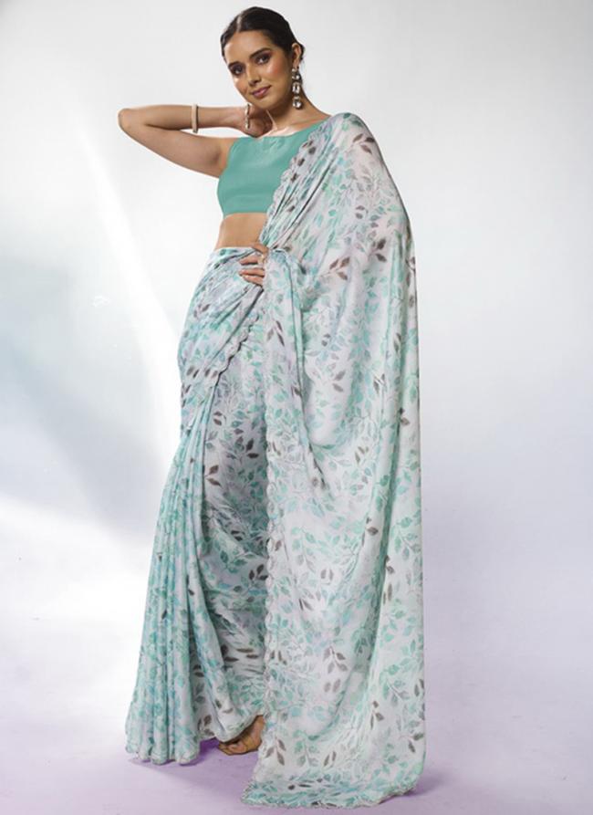 Satin Georgette Sea Green Ceremonial Wear Printed Saree